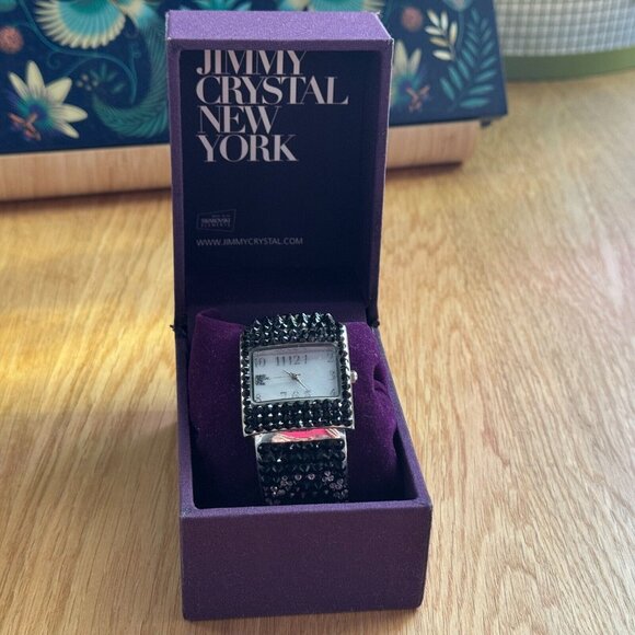 Jimmy Crystal New York Square Shape Wristwatch Watch Black/Clear Crystals - Picture 12 of 13